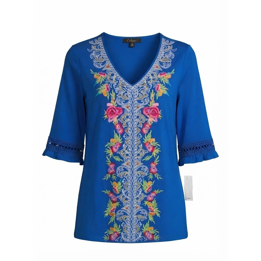 NEW Calessa Womens Cobalt Blue Floral Embroidered V-Neck Top Medium - IW